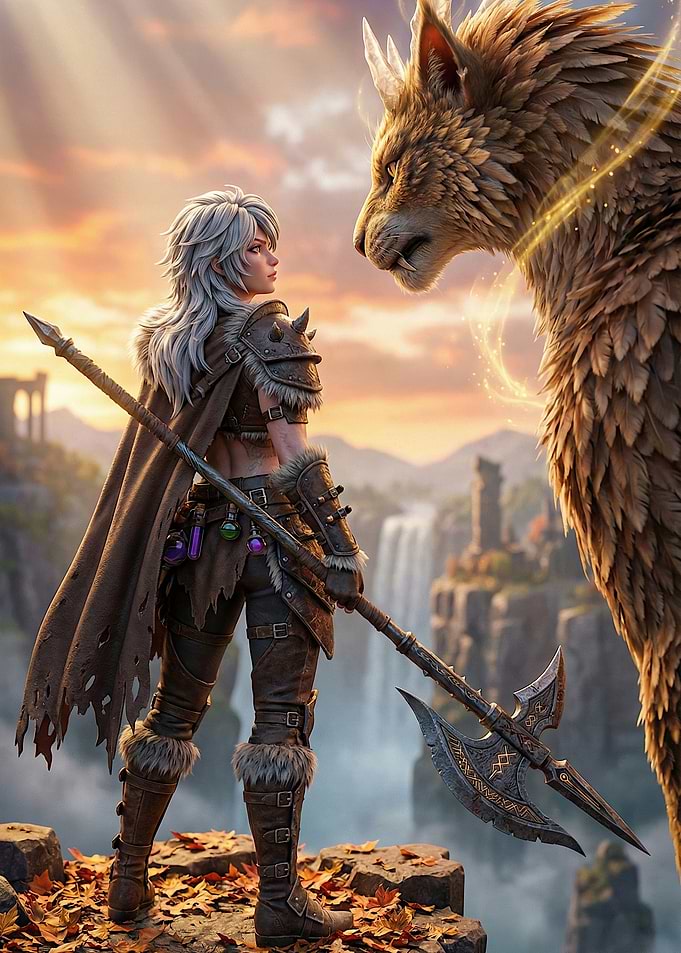 Warrior and Beast in Fantasy Landscape