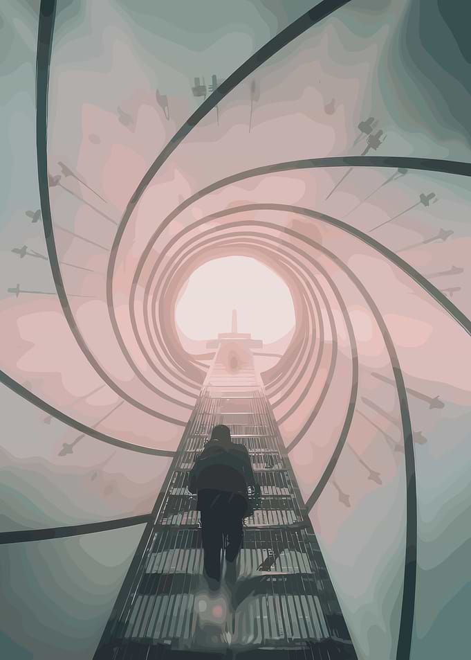 Person climbing a spiral staircase towards light