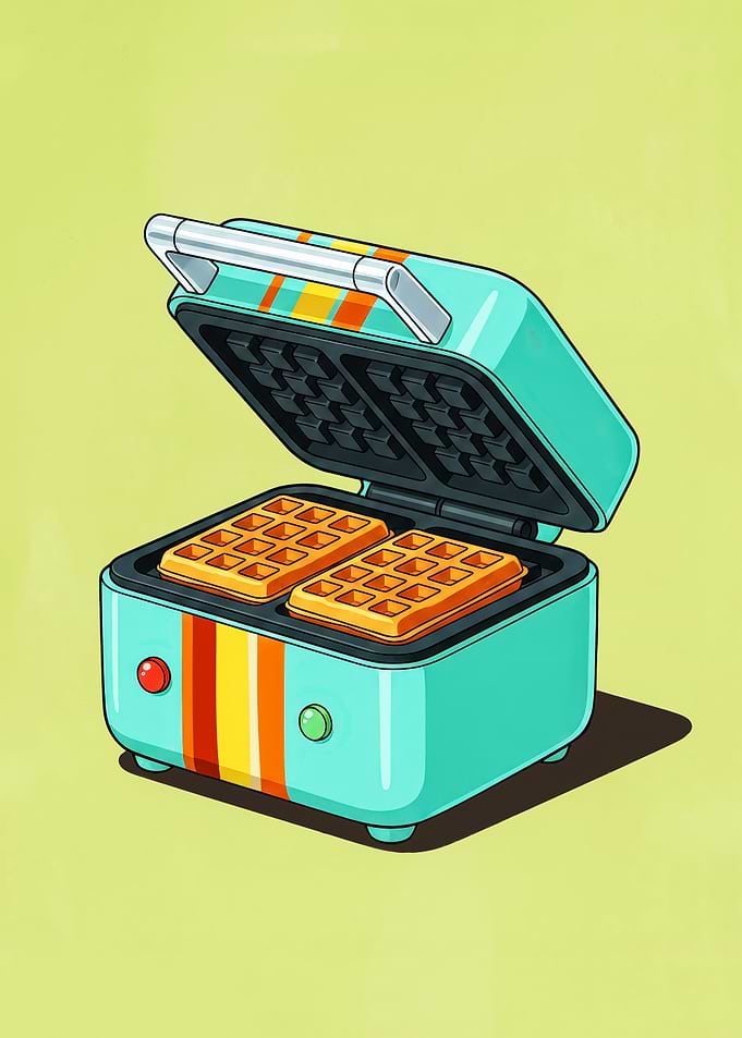 Waffle Maker Retro Art - 70s Striped Kitchen Poster - Mid Century Modern Teal and Yellow Decor