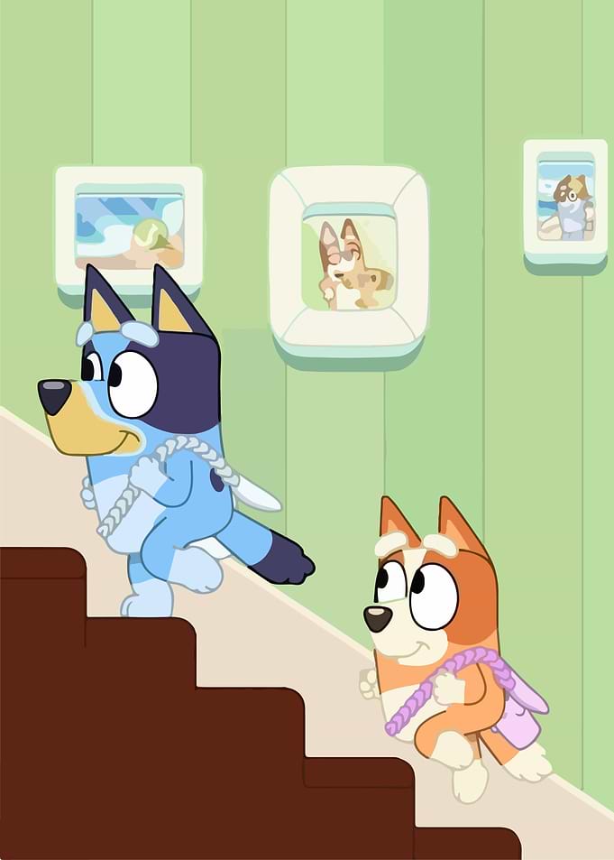 Bluey and Bingo on the stairs