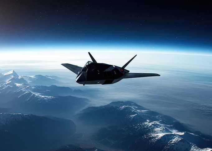 Stealth Fighter Over Mountains
