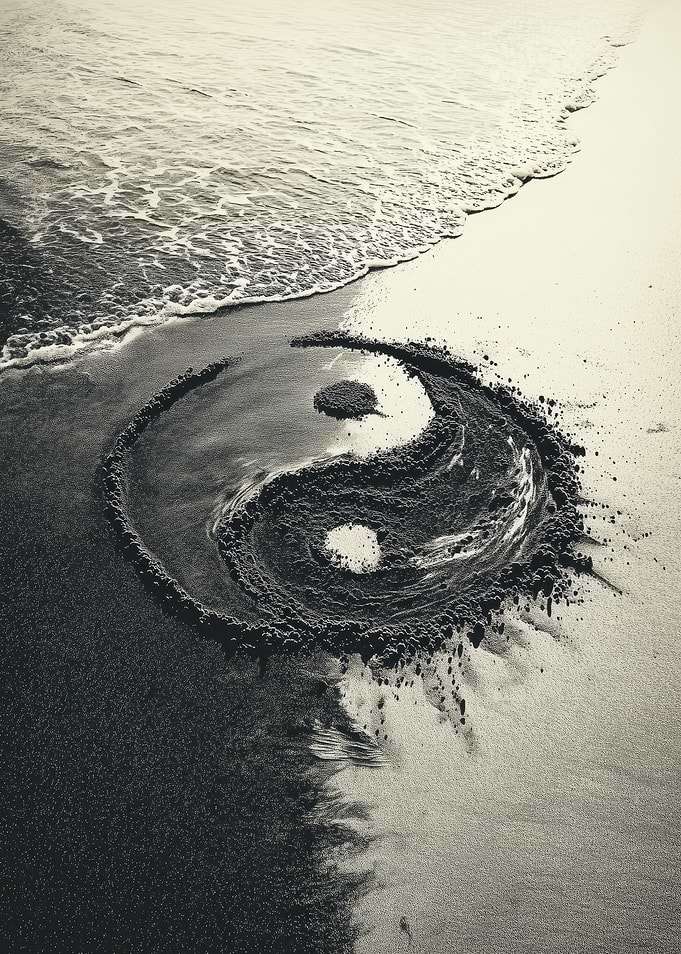 Yin Yang Symbol Drawn in Sand