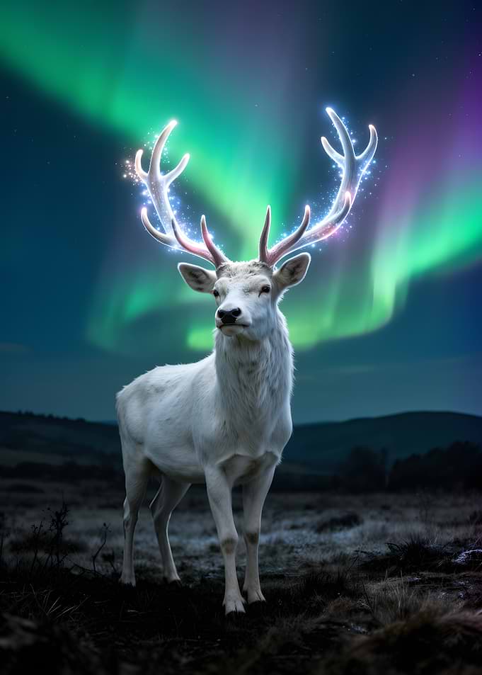 Magical White Deer Under Aurora Borealis