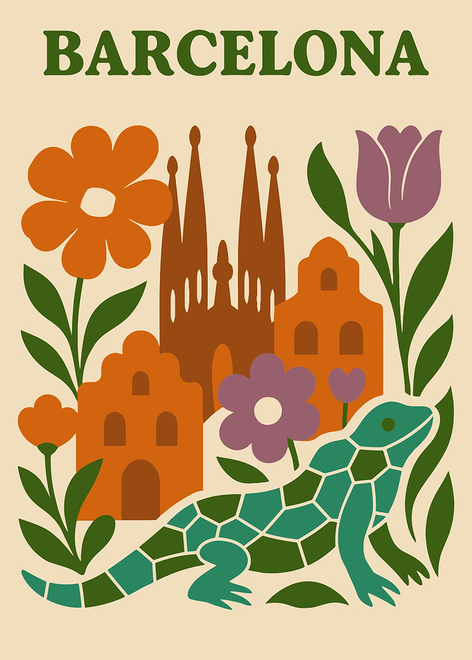 Barcelona Cityscape with Lizard and Flowers