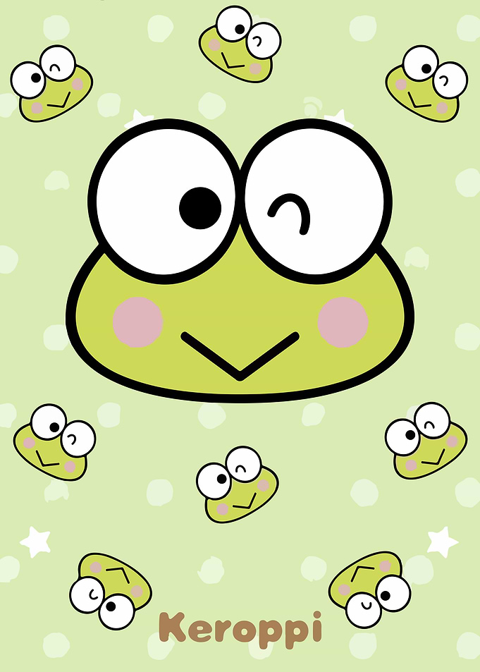 Keroppi Frog Characters on Polka Dot Background