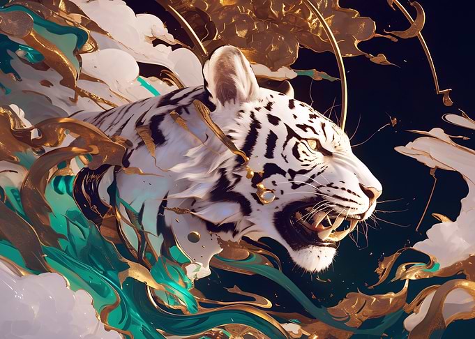 Majestic White Tiger with Gold and Teal Accents
