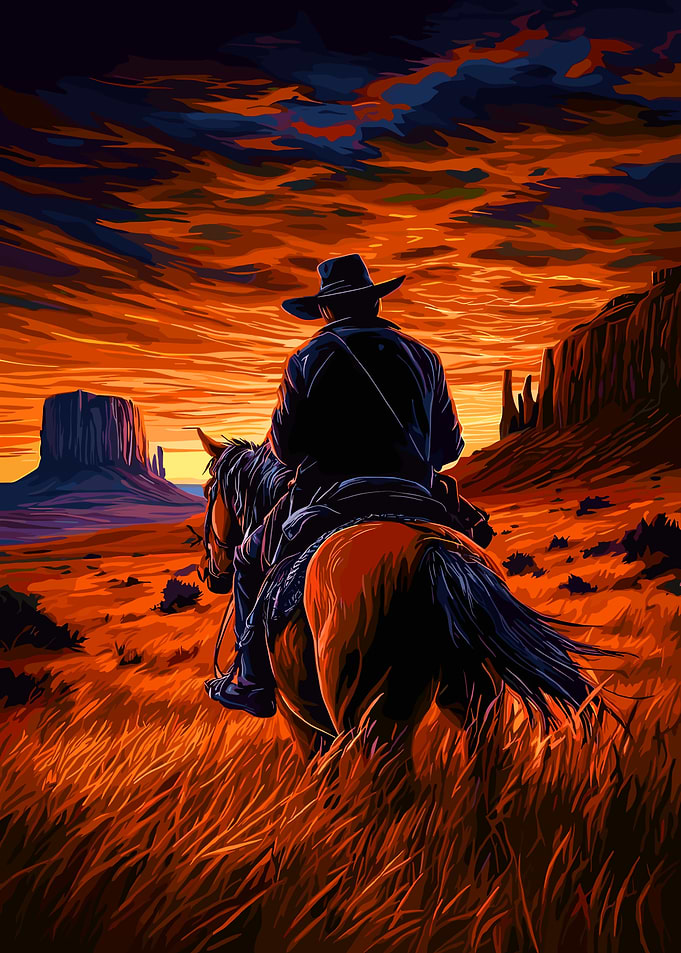 Cowboy Riding Horse at Sunset