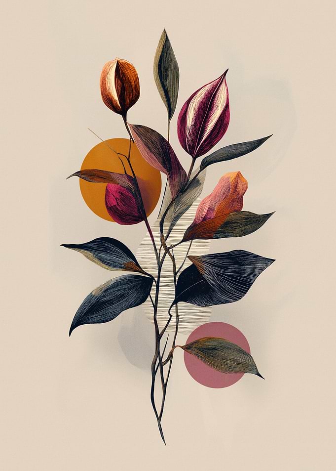 Botanical Illustration with Abstract Circles