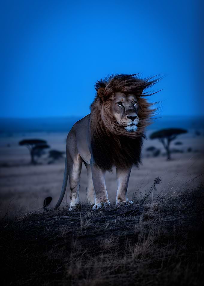 Majestic Lion in the Savannah at Dusk