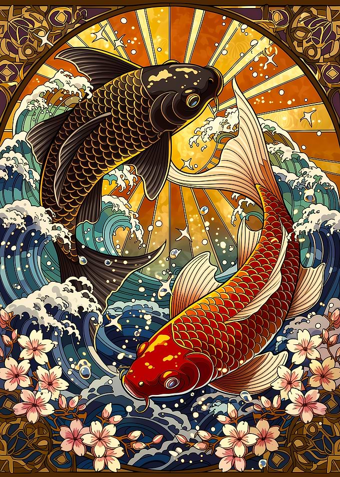 Koi Fish and Cherry Blossoms
