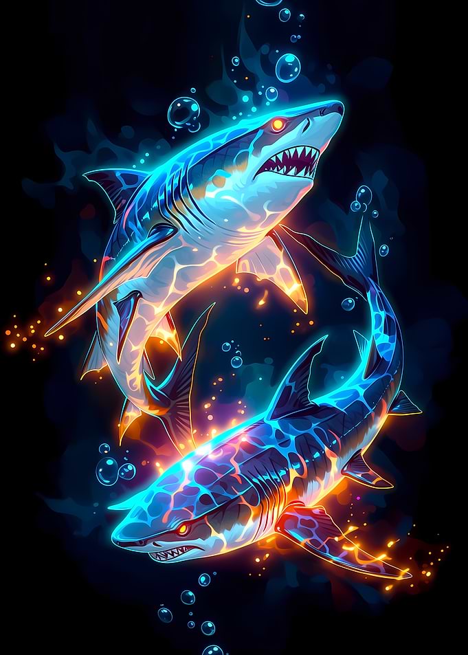 Neon Sharks in Dark Water