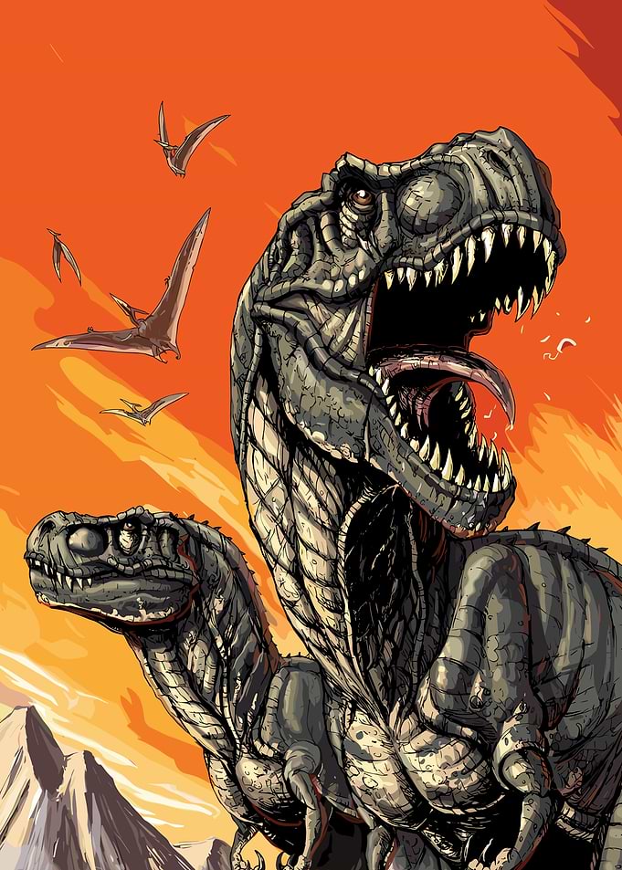 Dinosaurs and Pterodactyls in Sunset