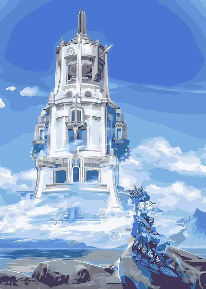 Fantasy Tower and Character in Clouds
