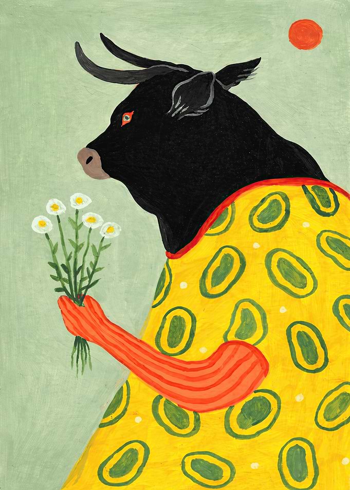 Bull Holding Flowers