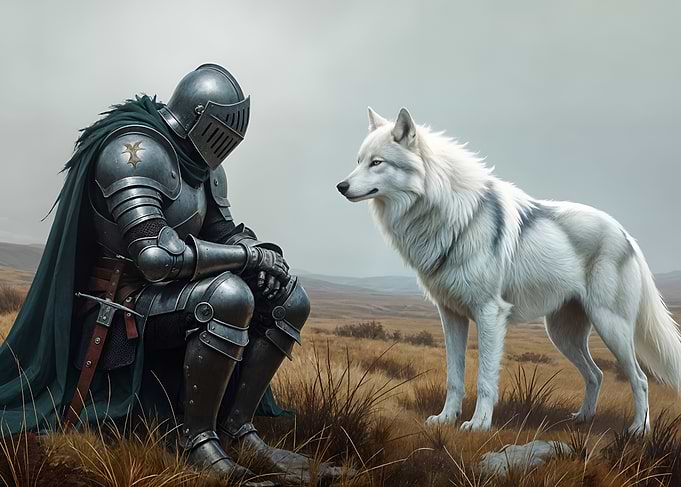 Knight and Wolf in a Field