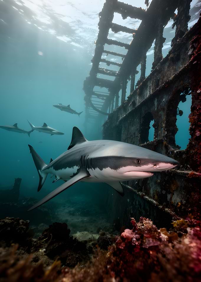 Sharks swimming near shipwreck