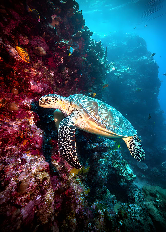 Sea Turtle Swimming Near Coral Reef
