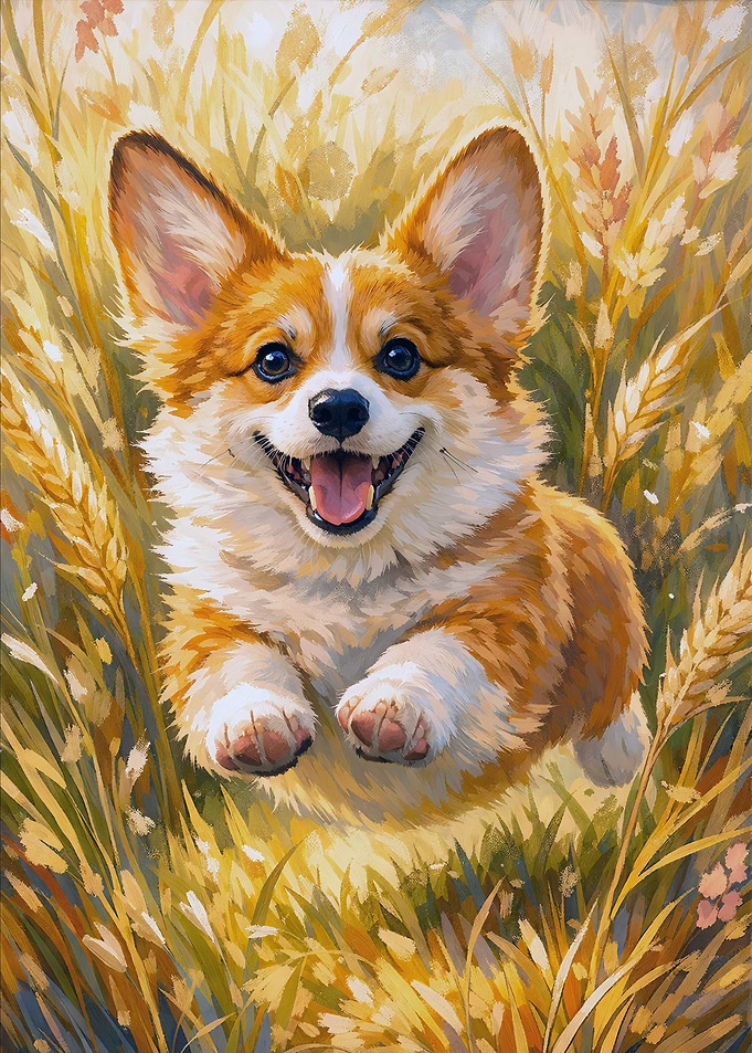 Happy Corgi in a Wheat Field