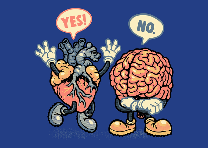 Heart vs Brain Poster, Funny Mind and Heart Cartoon Wall Art, YES NO Humor Print