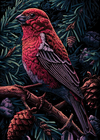 Red Bird on Pine Branch with Cones