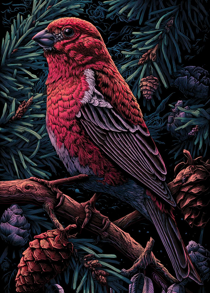 Red Bird on Pine Branch with Cones