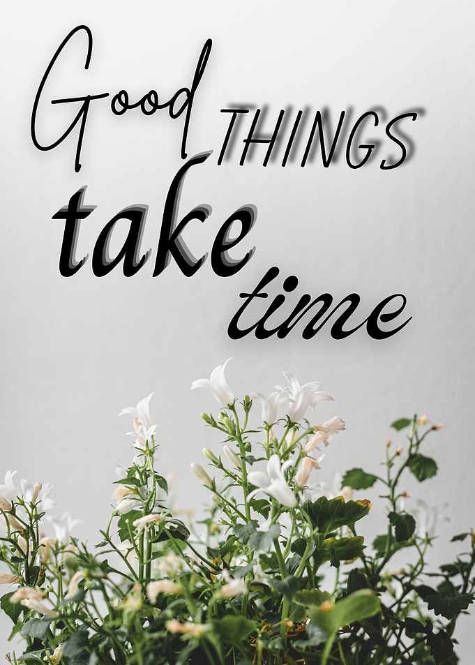 Good things take time quote with flowers