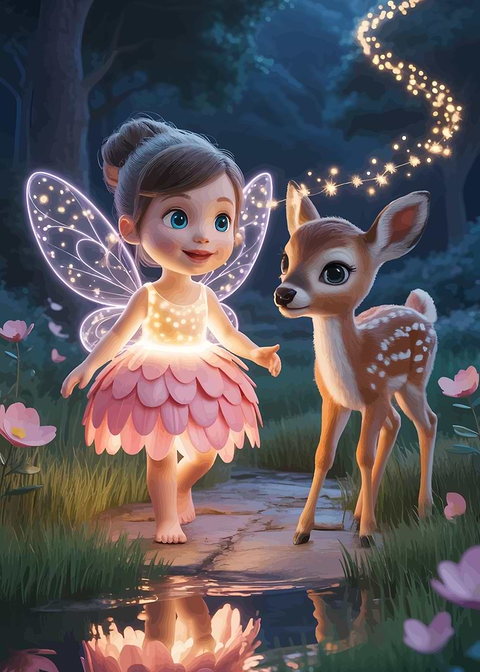 Fairy and Deer in Enchanted Forest