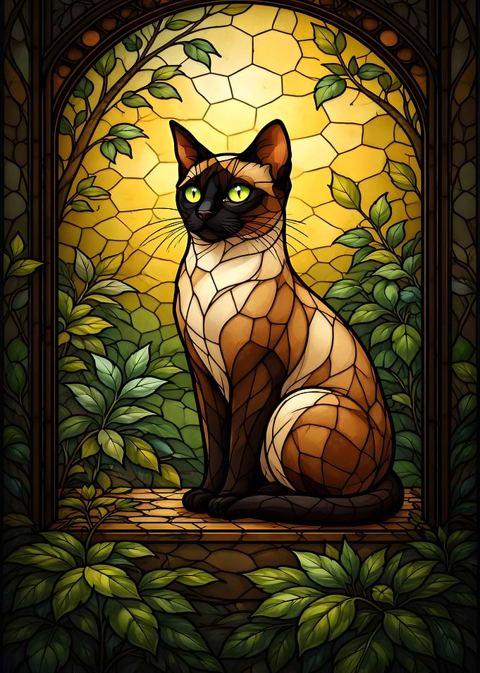 Siamese Cat in Stained Glass Window