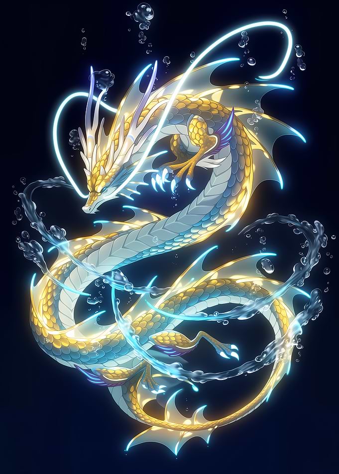 Dragon in Water with Neon Glow