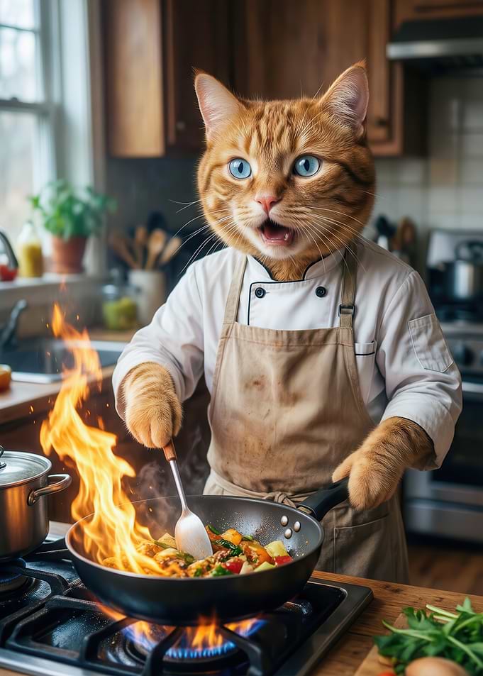 Chef Cat Cooking with Flames