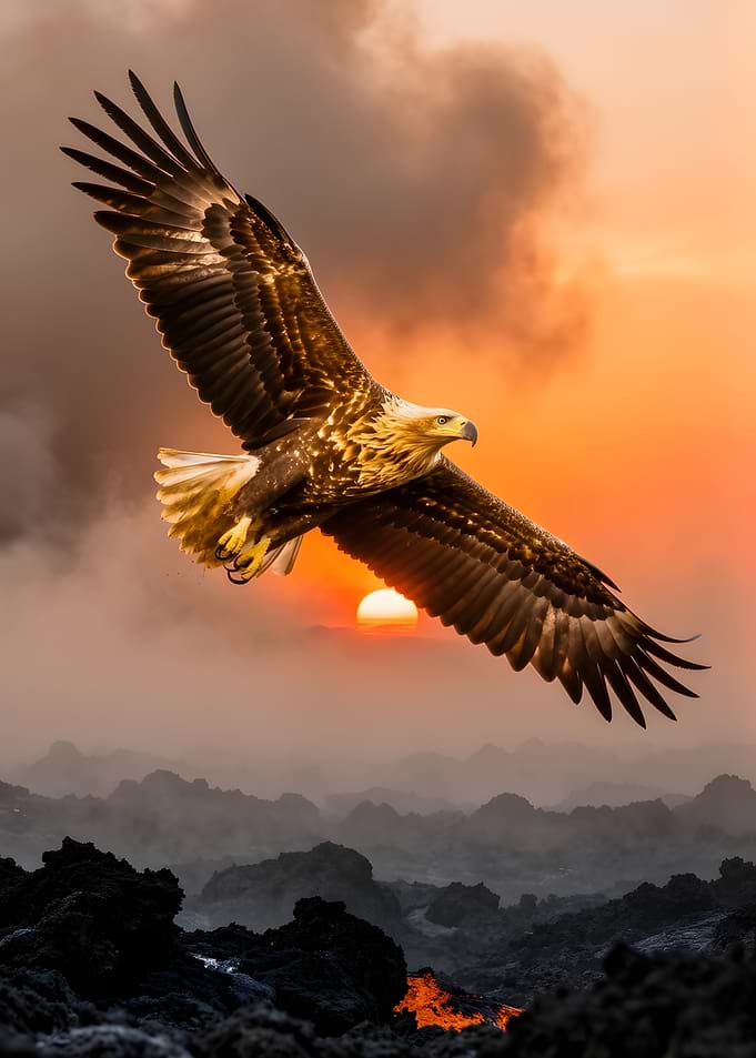 Eagle flying over volcanic landscape at sunset