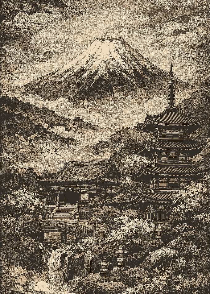 Mount Fuji and Japanese Temple