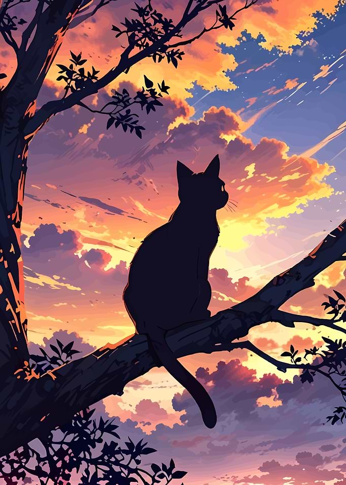 Black Cat Silhouetted Against Sunset Sky