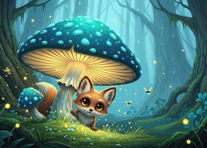 Cute Fox Under a Giant Mushroom