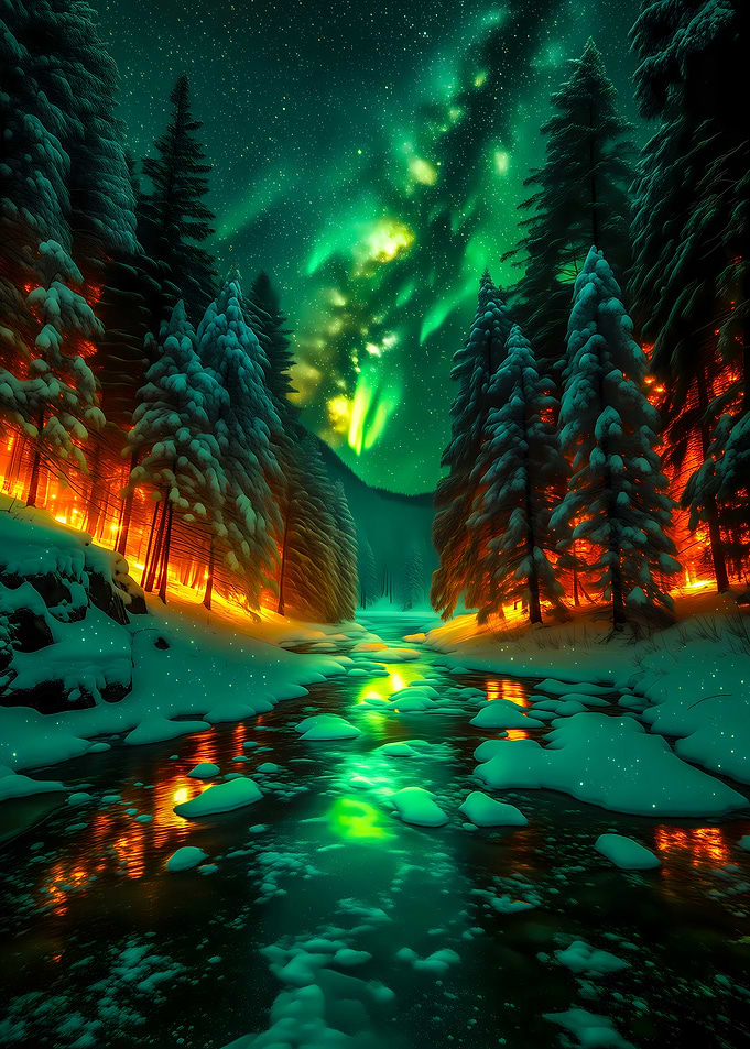 Winter Aurora Over Snowy Forest