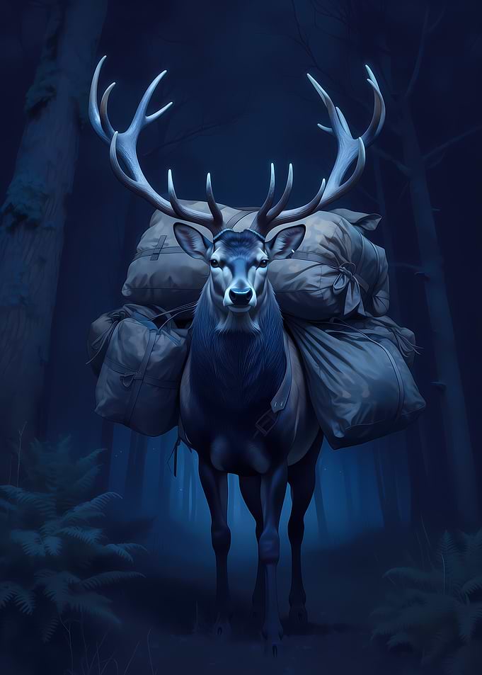 Deer carrying large packs in a forest