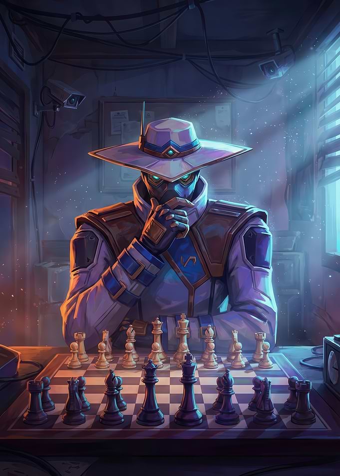 Cyberpunk character playing chess