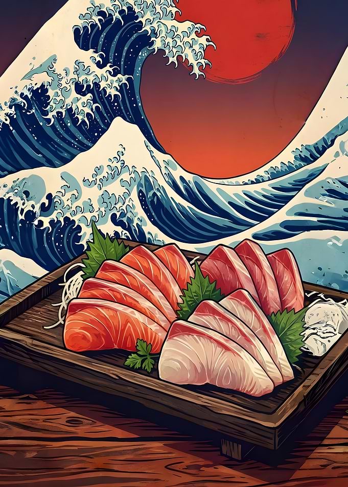 Sashimi Platter with Great Wave Background