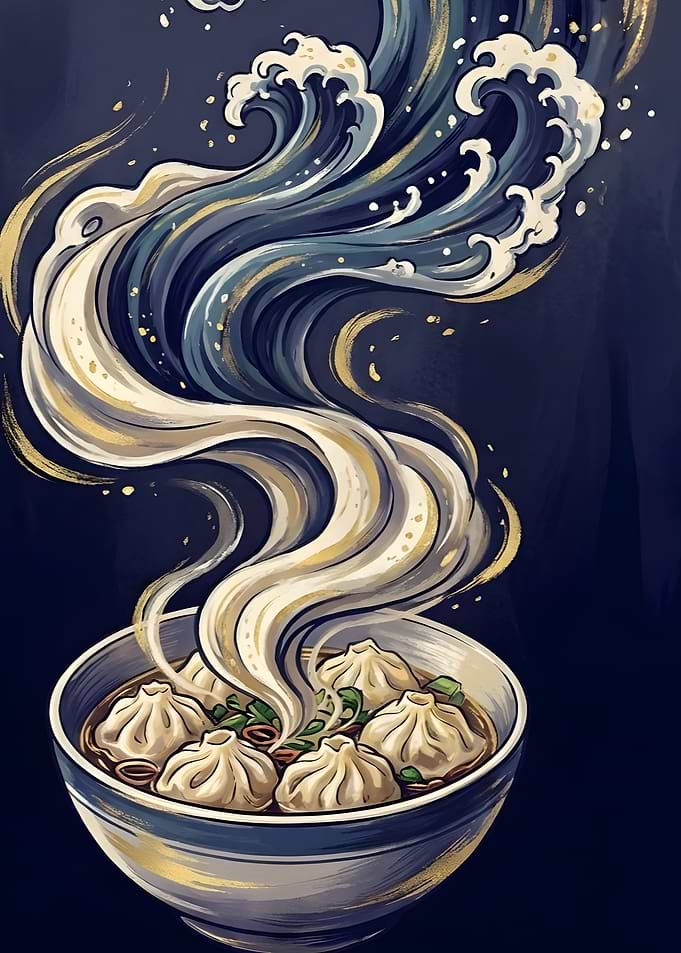 Steaming Dumplings with Ocean Waves