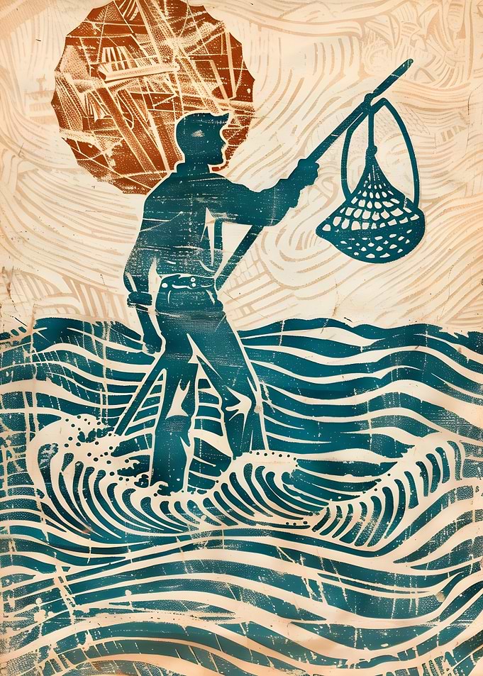 Fisherman with Net in Wavy Water