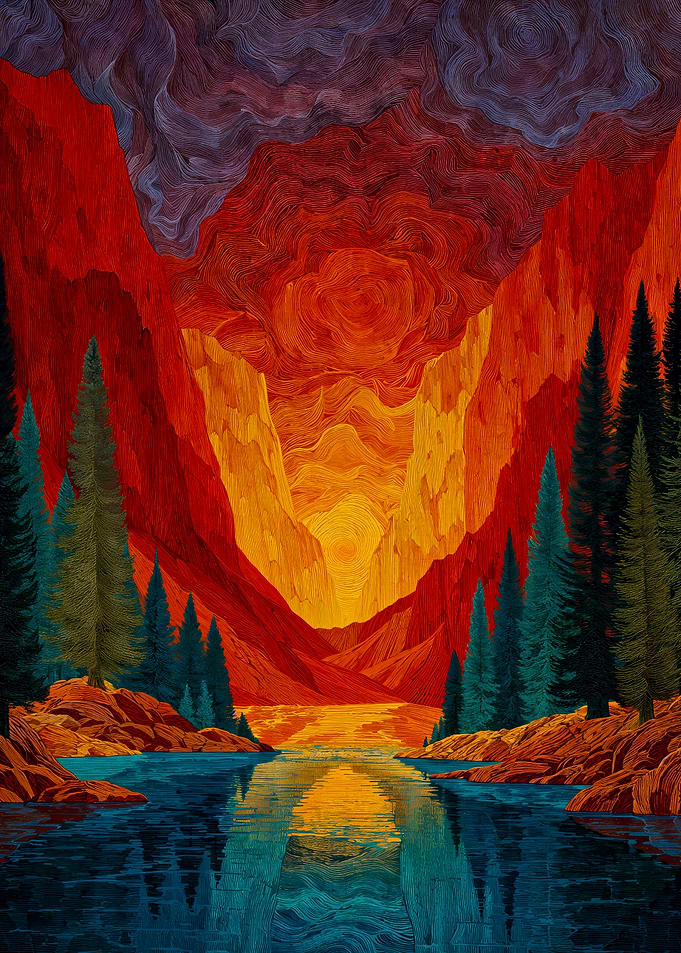 Vibrant Sunset Mountain Lake Linework