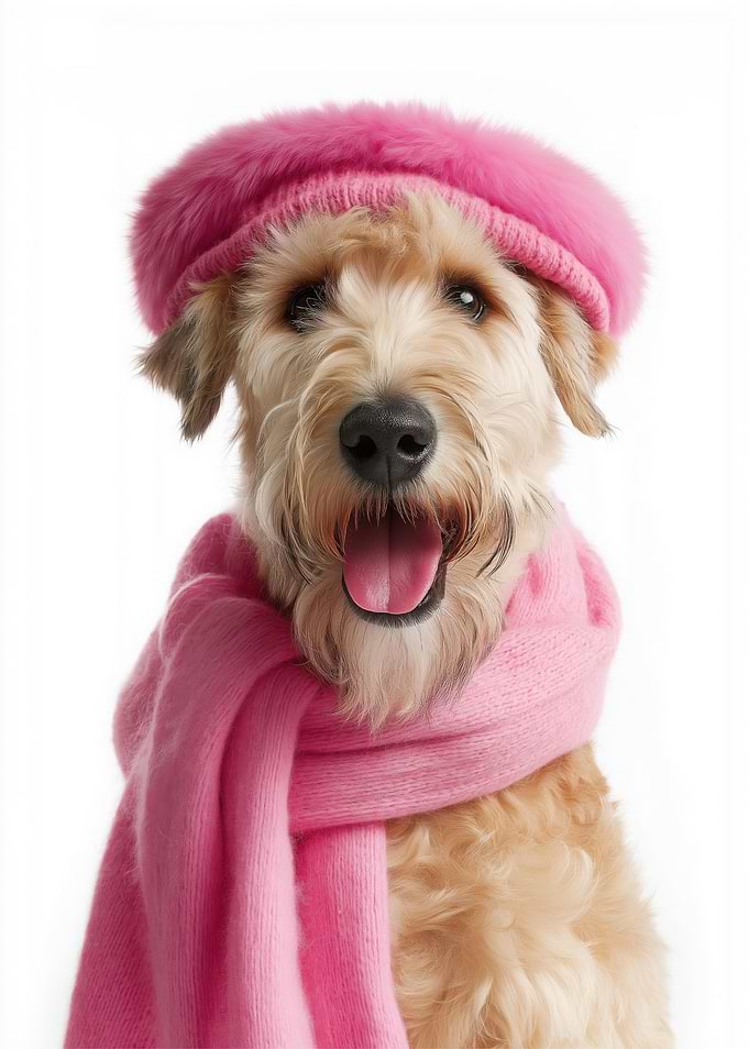Cozy Soft Coated Wheaten Terrier Dog in Pink Hat and Scarf