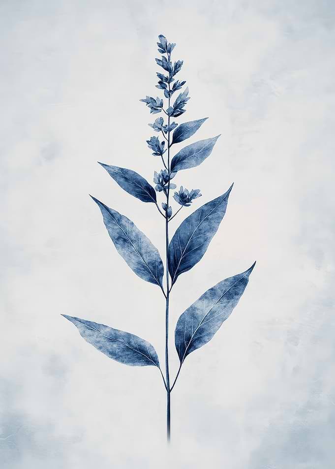 Blue Botanical Plant Illustration | Vintage Feather Grass Botanical Wall Art
