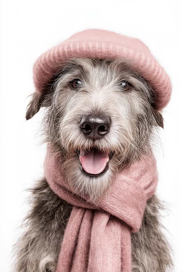 Cozy Irish Wolfhound Dog Wearing Pink Hat and Scarf