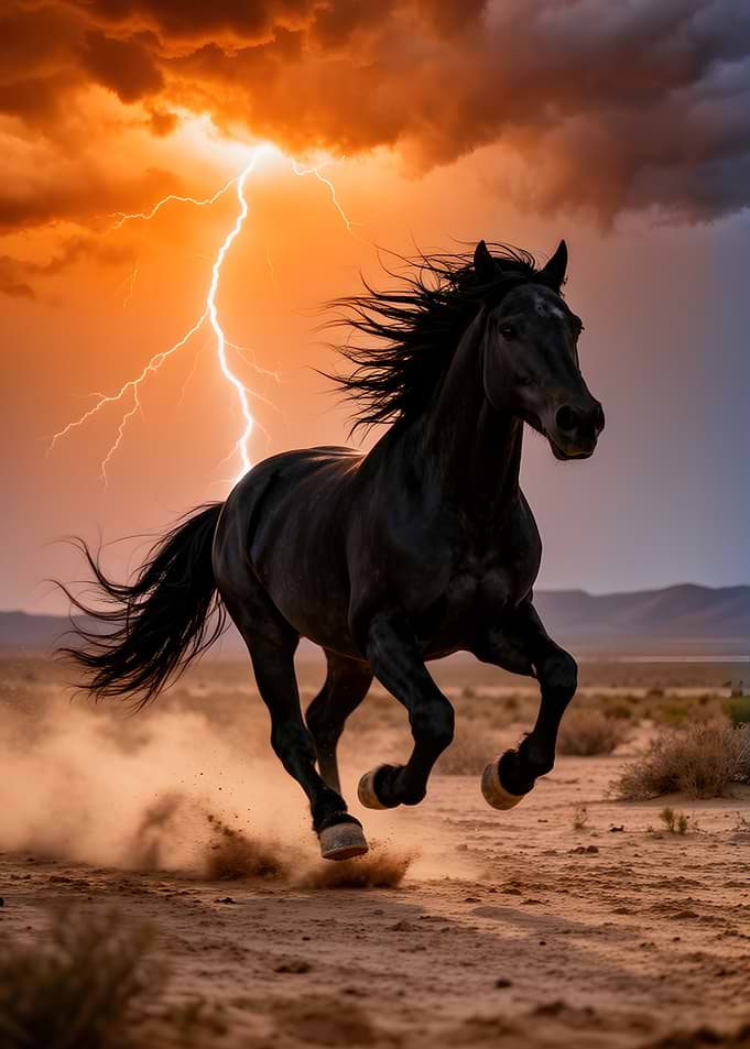 Black horse running in a storm