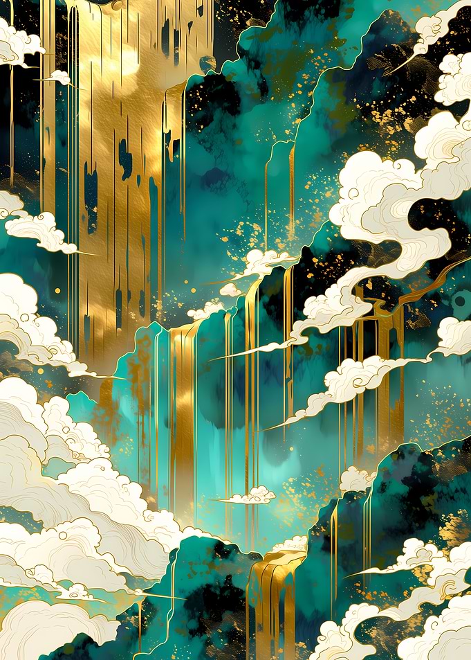 Golden Waterfall with Clouds