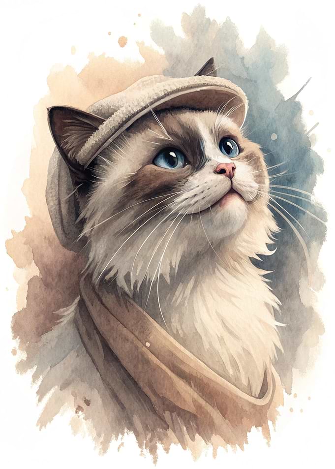 Watercolor Cat Wearing a Cap