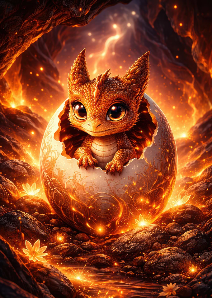 Baby Dragon Hatching from Fiery Egg