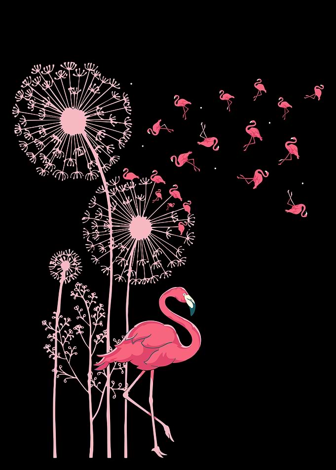 Pink Flamingo Dandelion Poster, Whimsical Bird Wall Art, Surreal Black Background Print