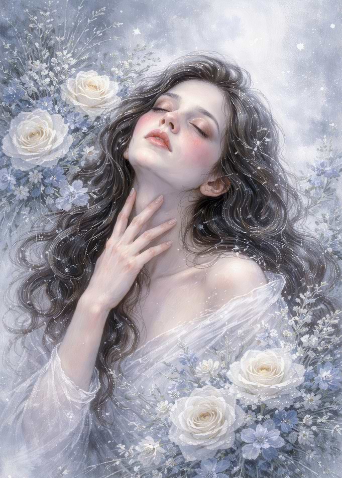 Ethereal Woman Surrounded by Flowers